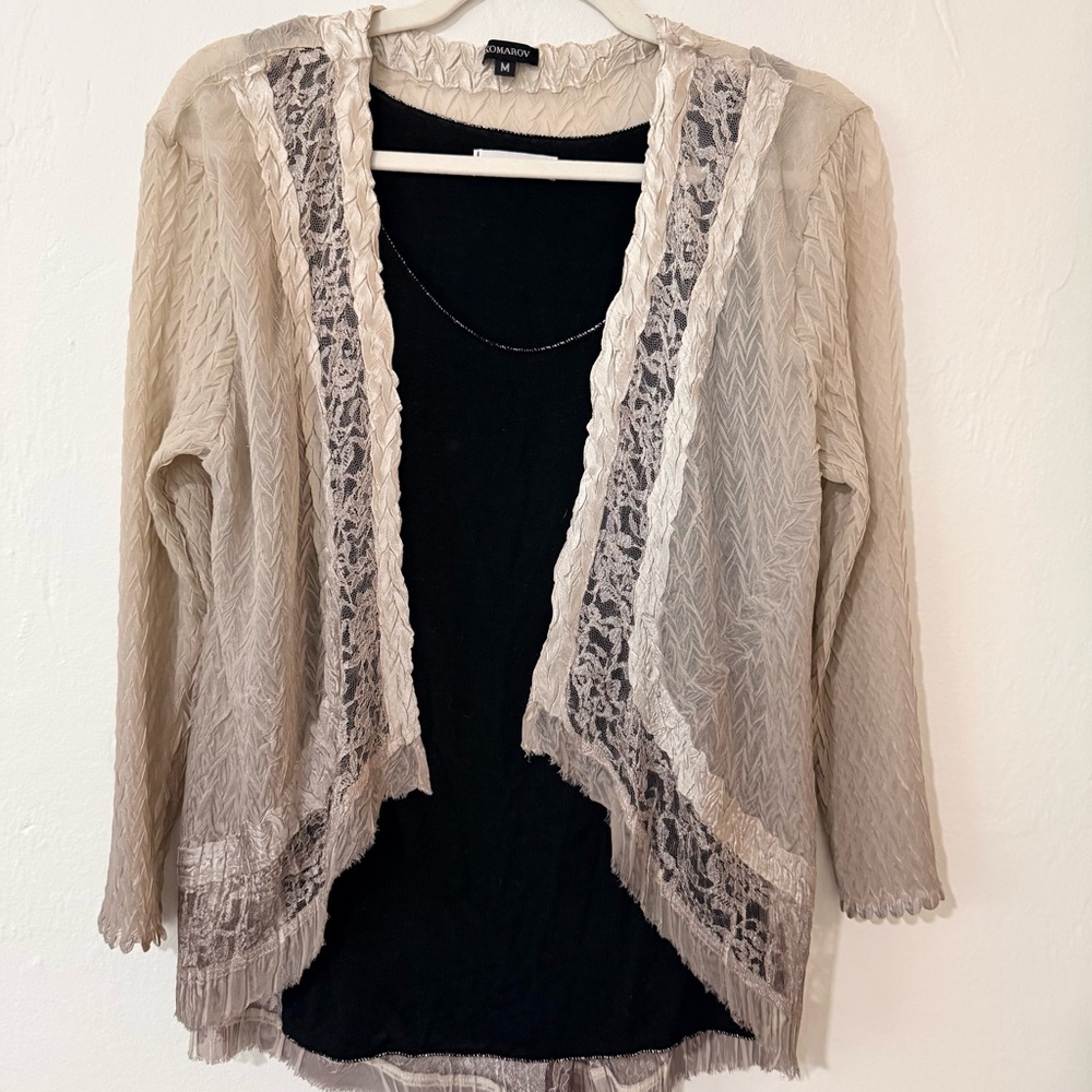 Komarov Size M Beige Crinkle Open Front Lace Trim Jacket Cardigan Made in USA